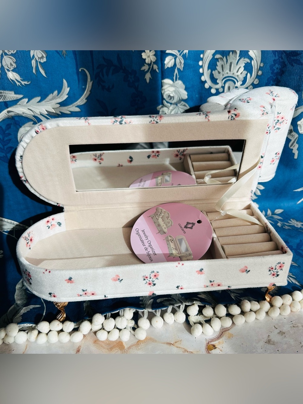 Jewelry Box Organizer, Floral Mini Chaise Lounge Decorative In Ivory/White